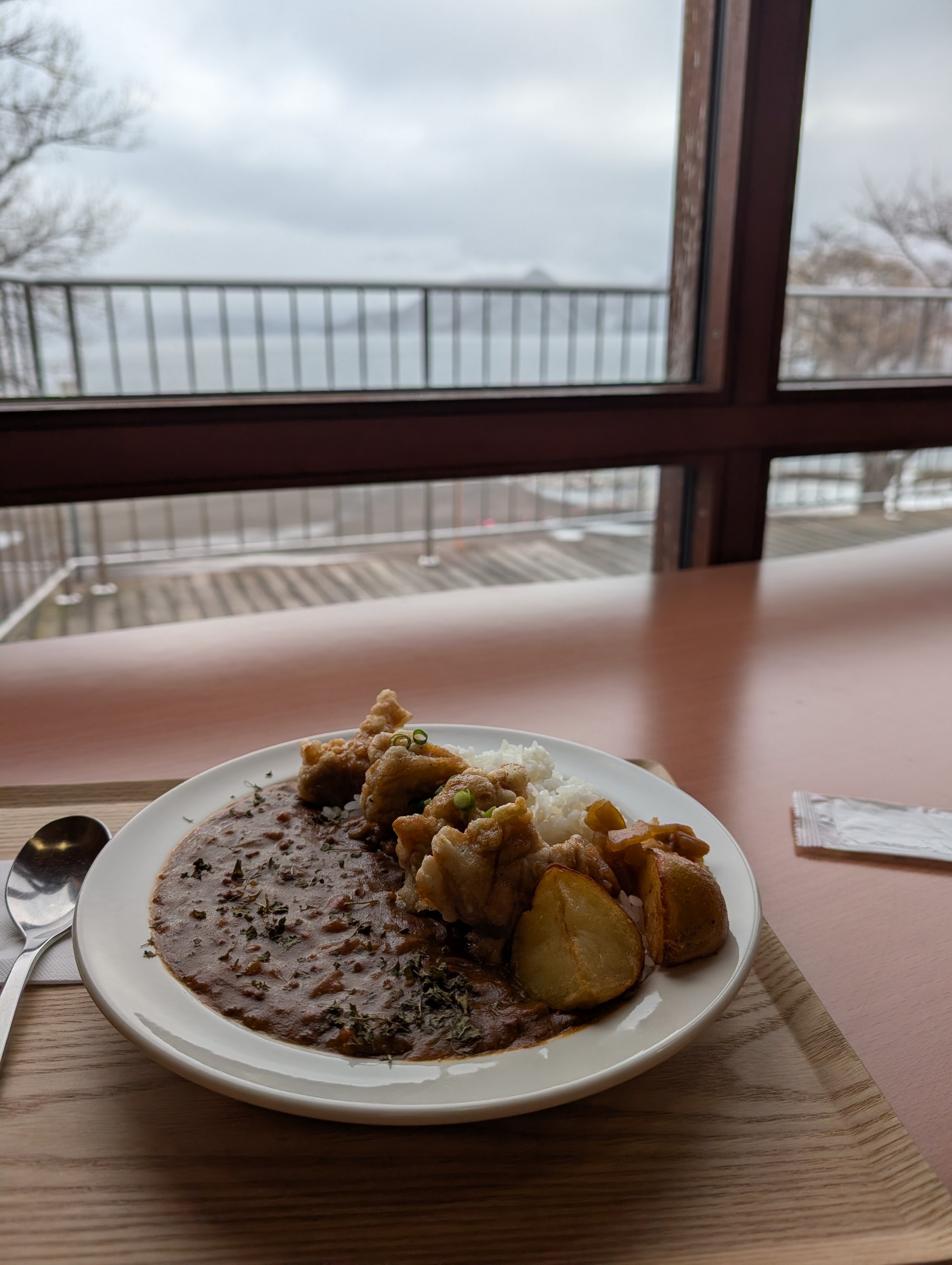 からあげカレーの皿と窓の向こうの洞爺湖。テラスのフェンス越しに湖と山並みが見える