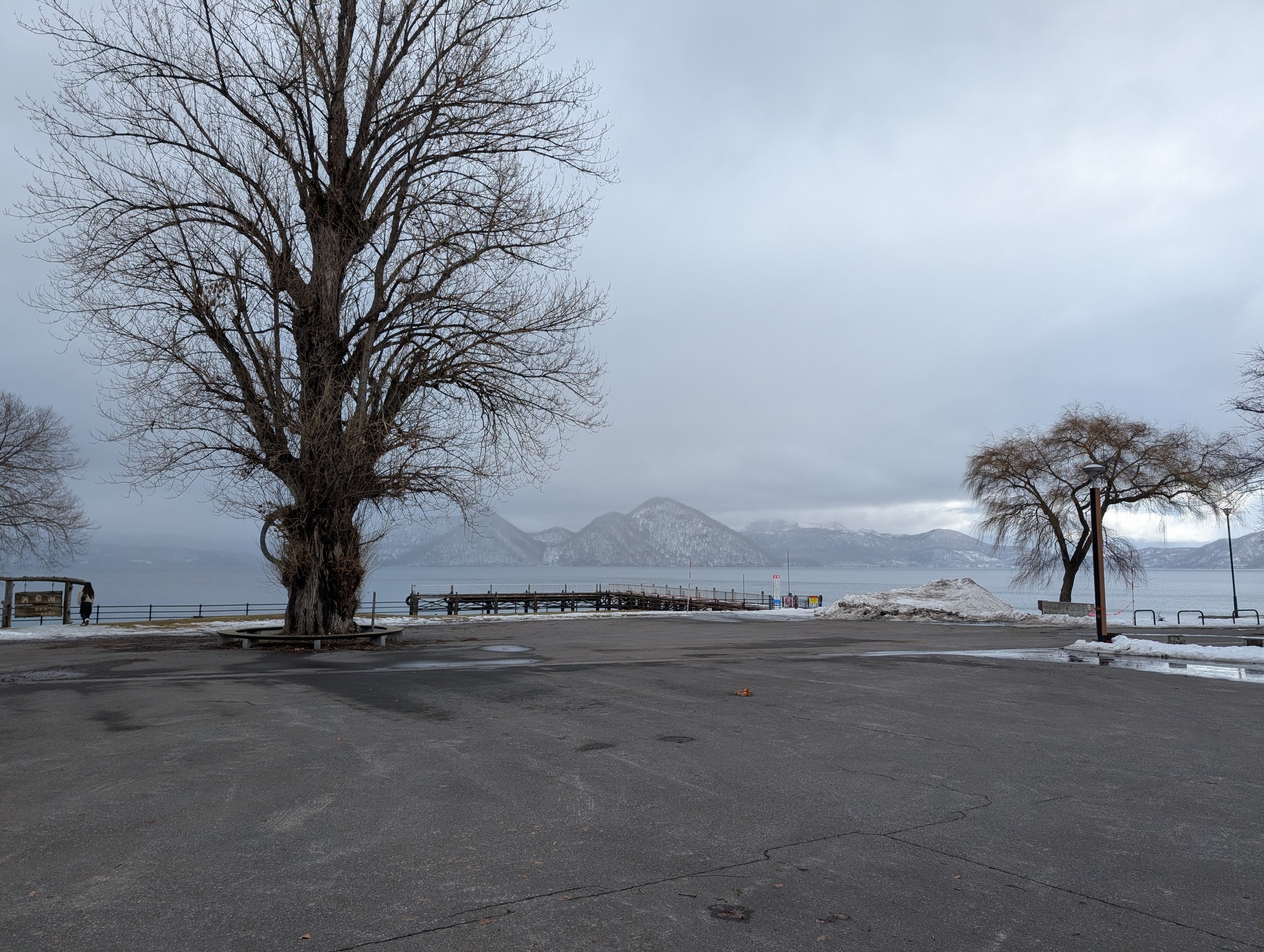 とうや水の駅前から見た洞爺湖。冬の曇り空の下、中島と周囲の山々が見える