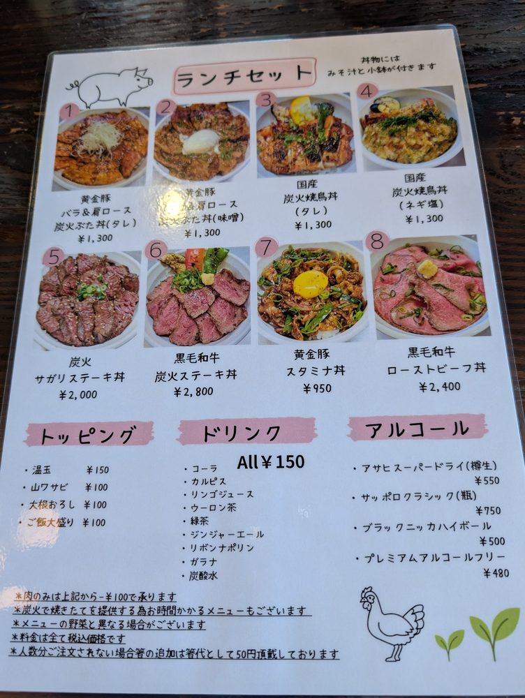 アペコロのランチセットメニュー表。豚丼8種と炭火ステーキ丼が並ぶ